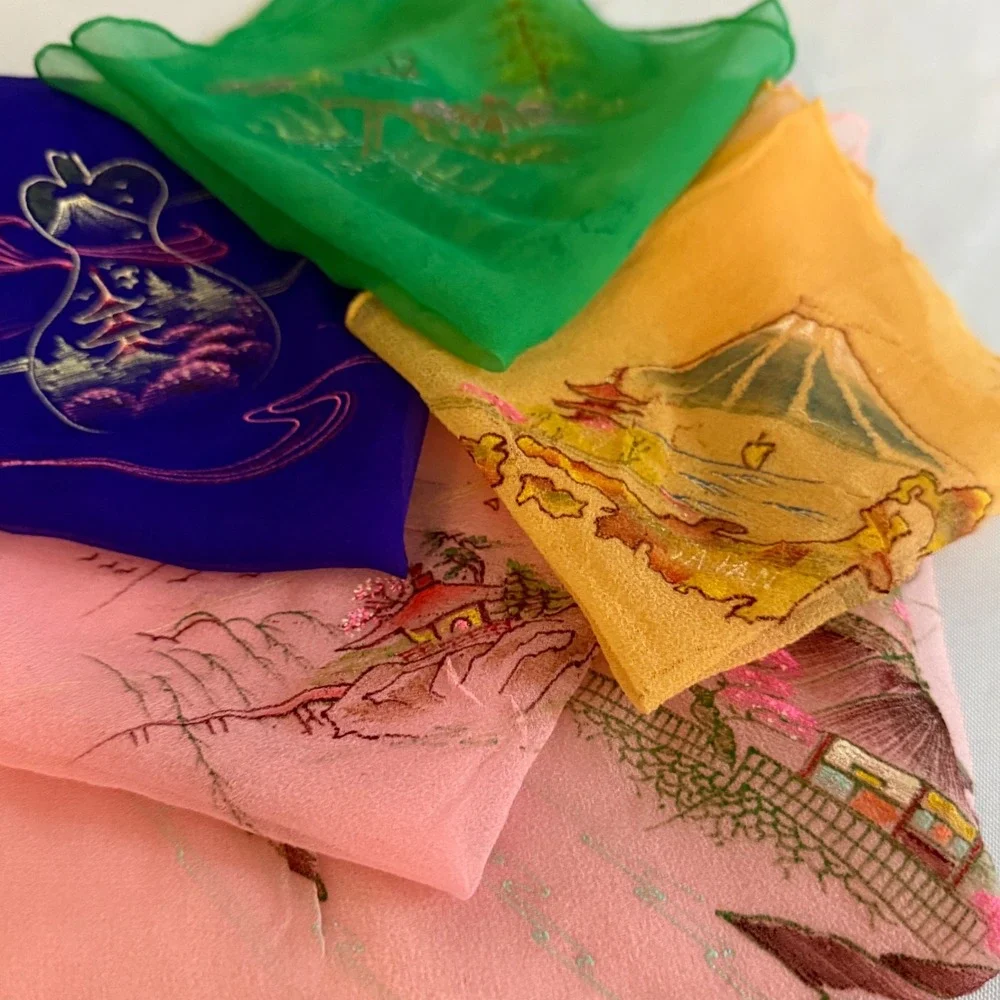 Vintage Maruichi Scarf Co Hand Painted Pure Silk Scarf Handkerchief Set of 5